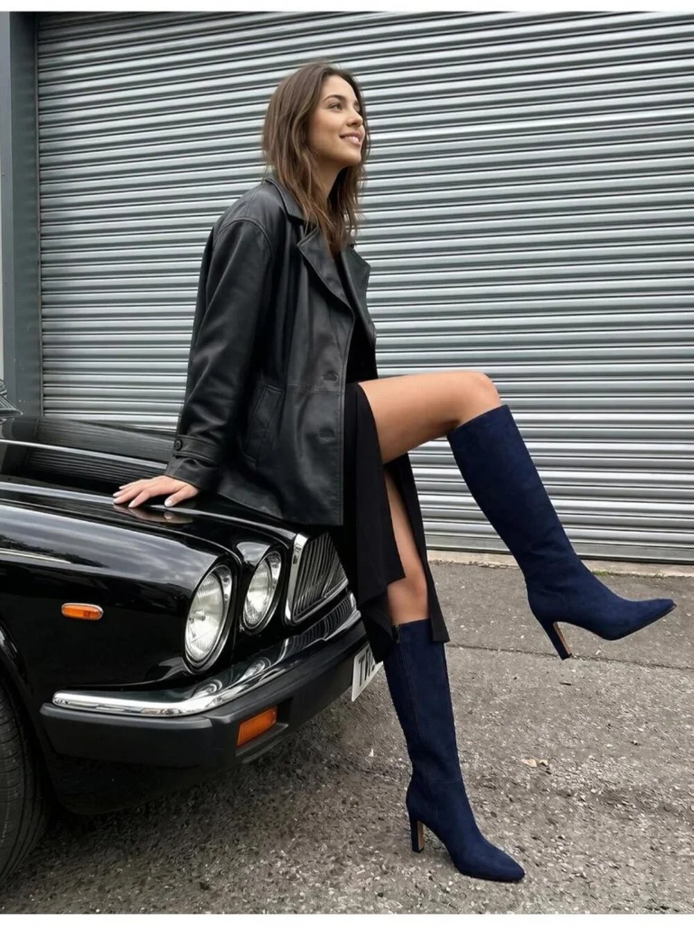 Women's Navy Faux Suede Pointed Square Toe Stiletto Chunky Heel Knee High Boots